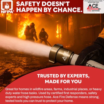 Firefighting scene with firefighters and a hose, featuring Ace Fire Defense branding and NFPA logo.
