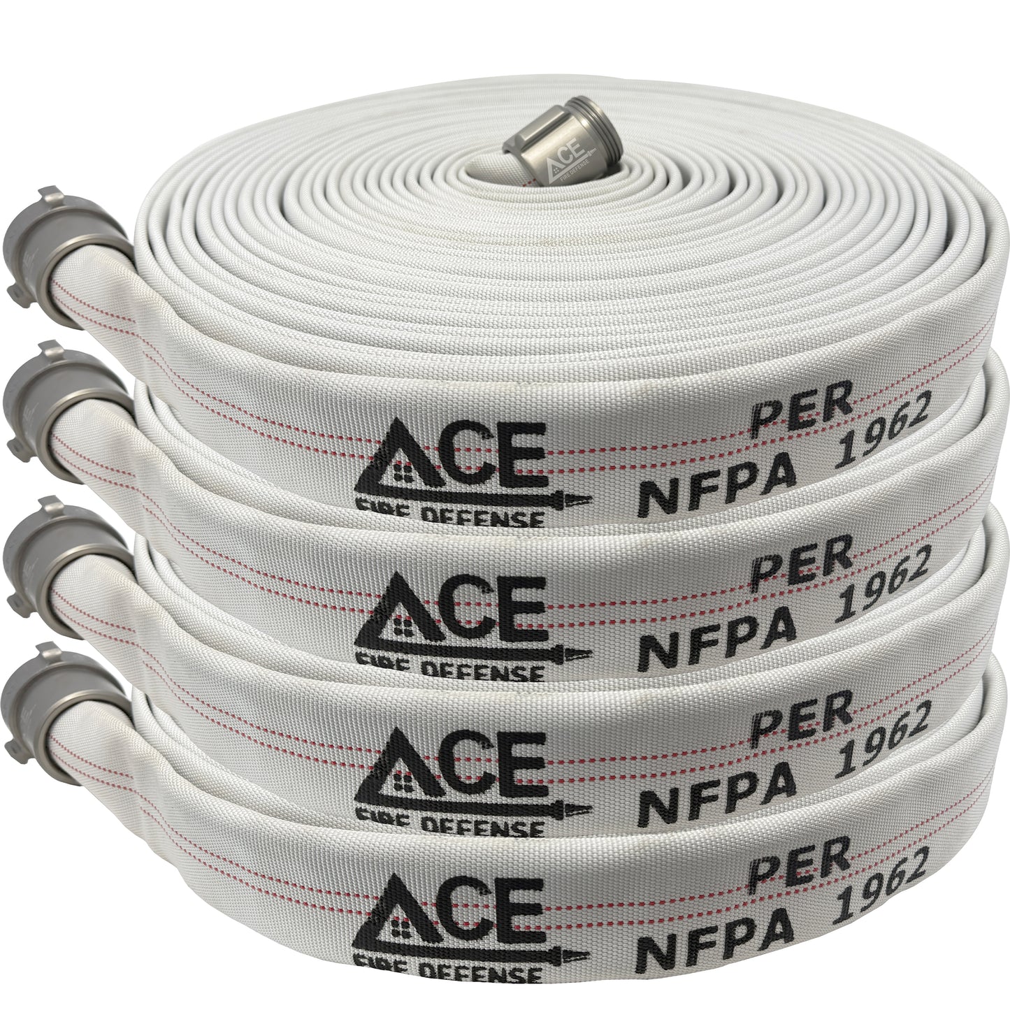 White fire hose with ACE and NFPA markings on a white background