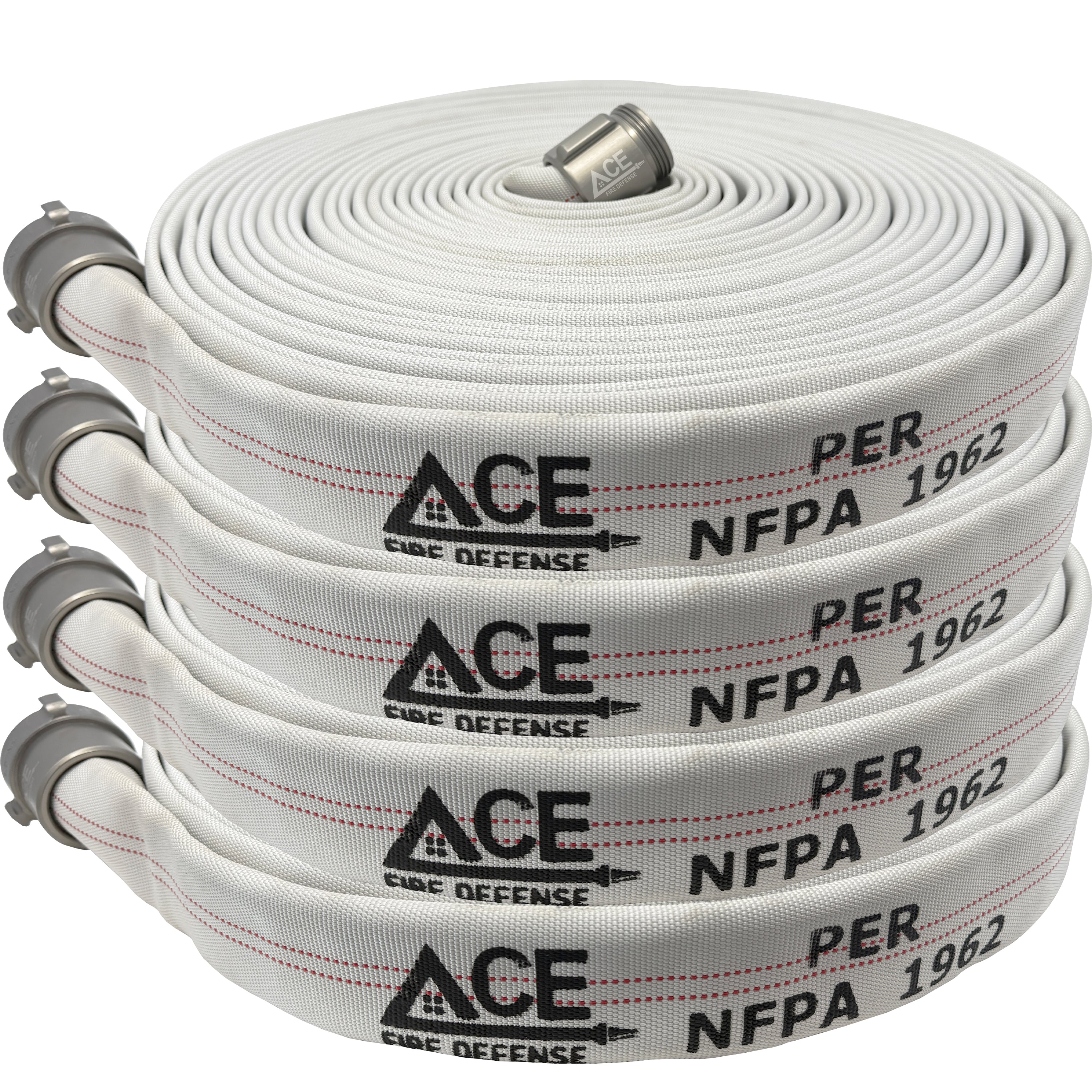 White fire hose with ACE and NFPA markings on a white background