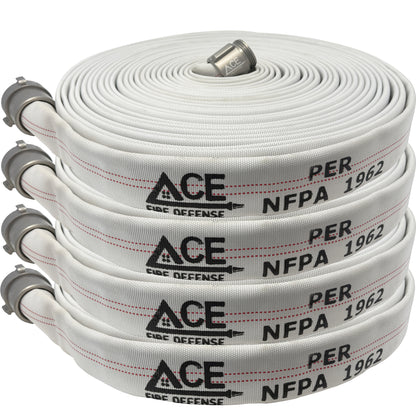 White fire hose with ACE and NFPA markings on a white background