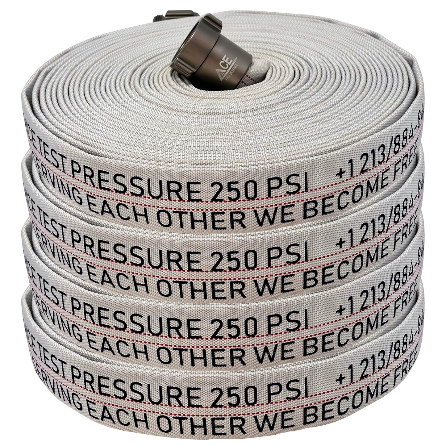 Roll of fire hose with text and pressure rating on a white background