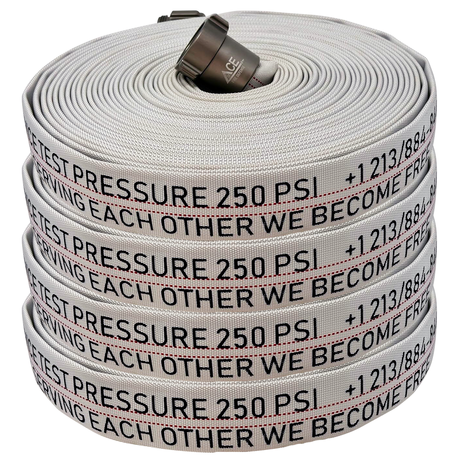 Roll of fire hose with text and pressure rating on a white background