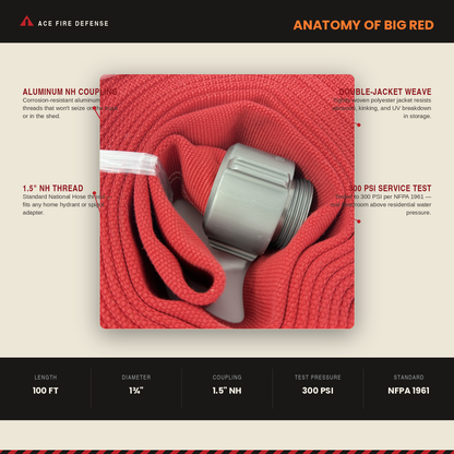 Premium 1¾" Single Jacket Fire Hose – 100' with TPU/Nitrile Lining , 1 1/2" Aluminum NH/NST Couplings