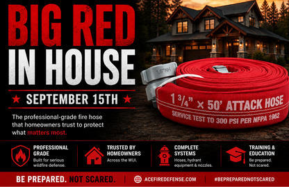 Promotional graphic for an Ace Fire Defense fire hose, featuring a coiled red 1 3/4 inch by 50 foot attack hose in the foreground, a house at dusk in the background, and large text reading 'BIG RED IN HOUSE' September 15
