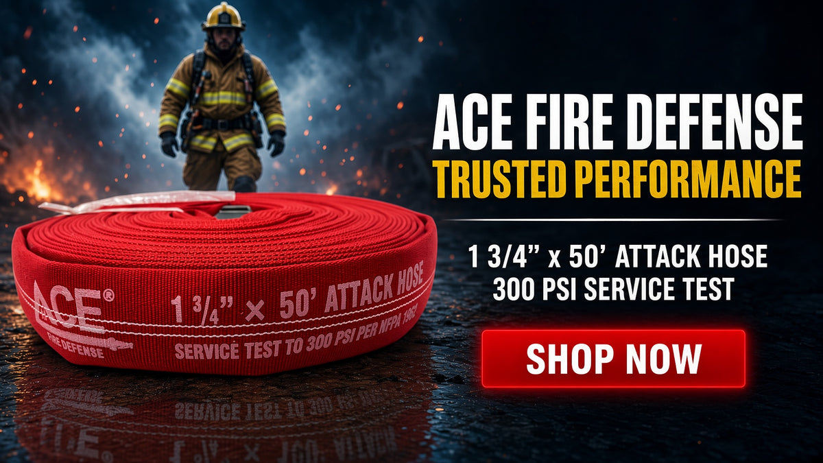 A coiled red fire defense attack hose is shown in the foreground against a dramatic dark background with a firefighter and flames. Text on the right reads 'ACE FIRE DEFENSE TRUSTED PERFORMANCE' and '1 3/4" x 50' ATTACK HOSE 300 PSI SERVICE TEST,' with a red 'SHOP NOW' button.