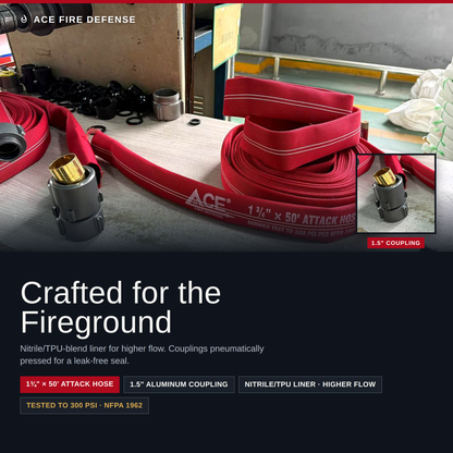 Red ACE Fire Defense 1 1/2" x 50" attack hose coiled on a workbench with brass and gray couplings, plus text callouts and inset close-ups of the hose and coupling details.