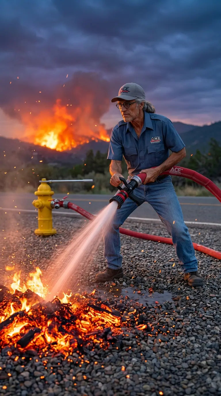 A man in a blue work shirt and jeans stands on a gravel road at dusk, spraying water from a red hose onto an open fire. A yellow fire hydrant is visible, with flames and smoke in the background and a dramatic cloudy sky above.