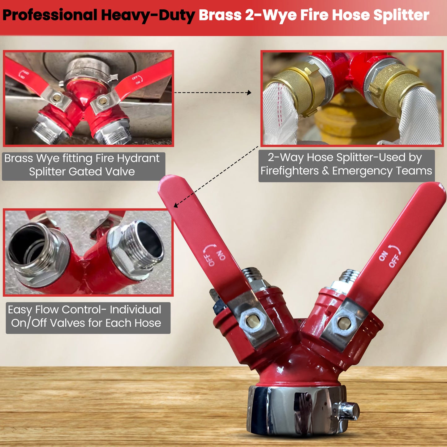 Red fire hose splitter with close-up details on a wooden surface