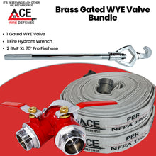 Brass gated WYE valve bundle with fire hydrant wrench and fire hose on a red background, featuring ACE Fire Defense branding.