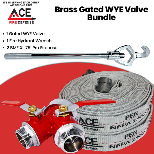 Brass gated WYE valve bundle with fire hydrant wrench and fire hose on a red background, featuring ACE Fire Defense branding.