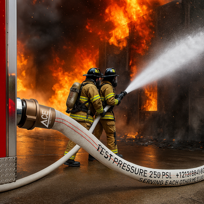 Two firefighters using a hose to extinguish a fire with flames and smoke in the background.
