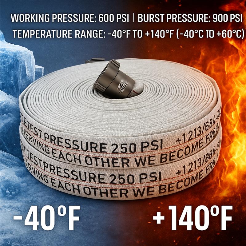 Fire hose with text detailing working pressure, burst pressure, temperature range, and motivational quote against a fiery and icy background.