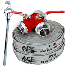 Fire hose with nozzle and wrench on a white background