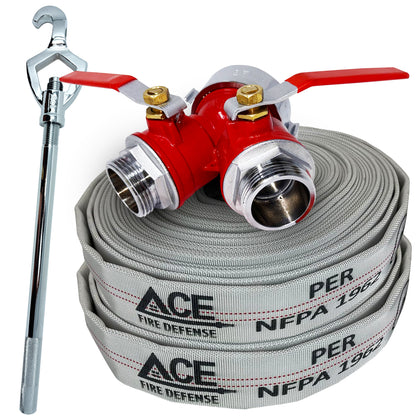 Fire hose with nozzle and wrench on a white background