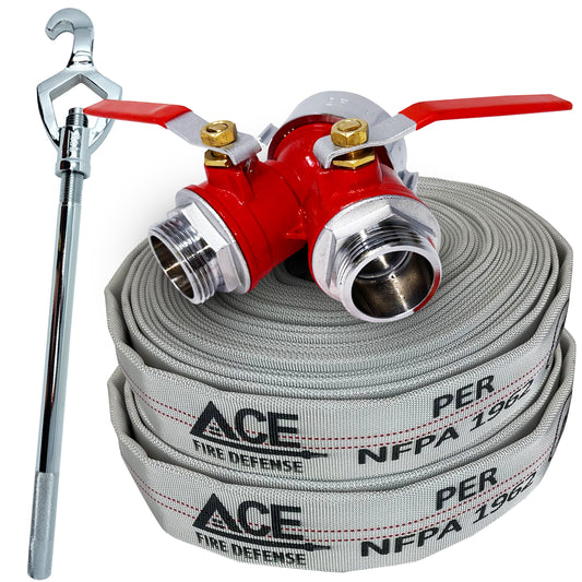 Fire hose with nozzle and wrench on a white background