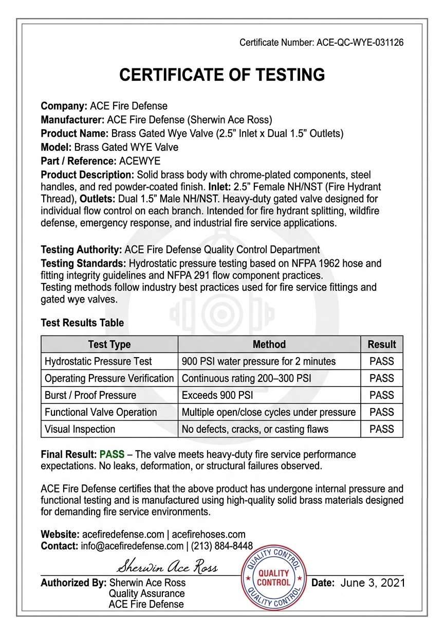 Certificate of Testing for ACE Fire Defense valve with detailed test results and certification details.