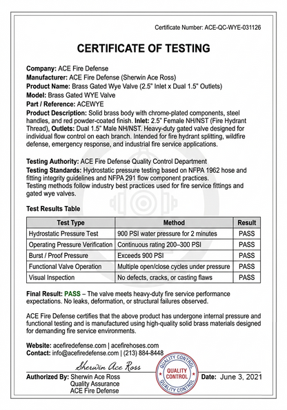 Certificate of Testing for ACE Fire Defense valve with detailed test results and certification details.