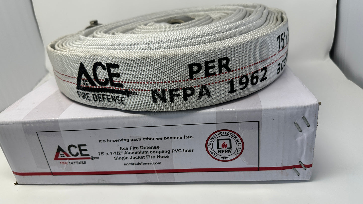 Fire Hose 75’ x 1.5”  PER NAFTA 1962. Single Jacket, NH Extra Large Aluminum Couplings, Heavy weight for everyday use.