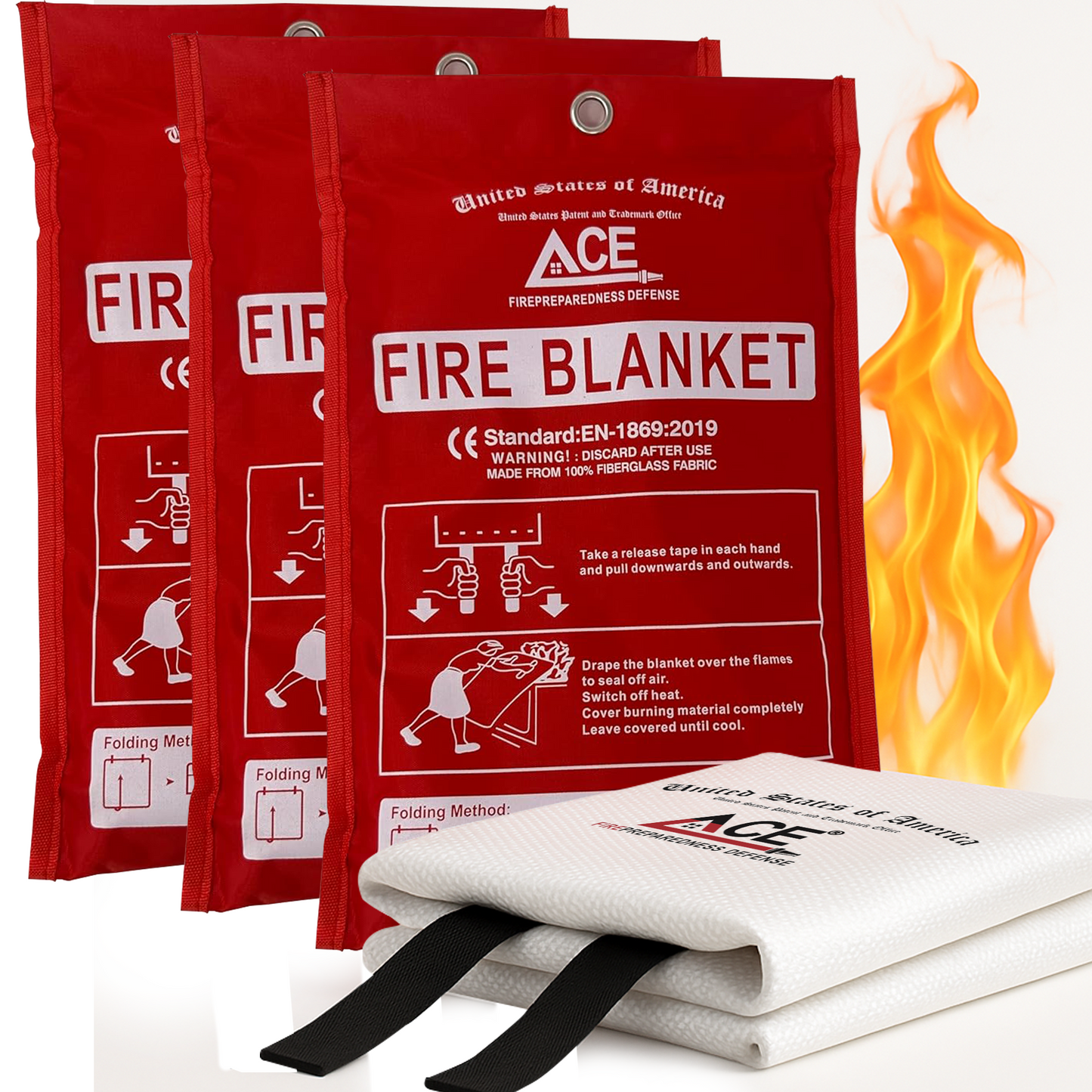 Three red ACE fire blanket packages with a white fire blanket in front.
