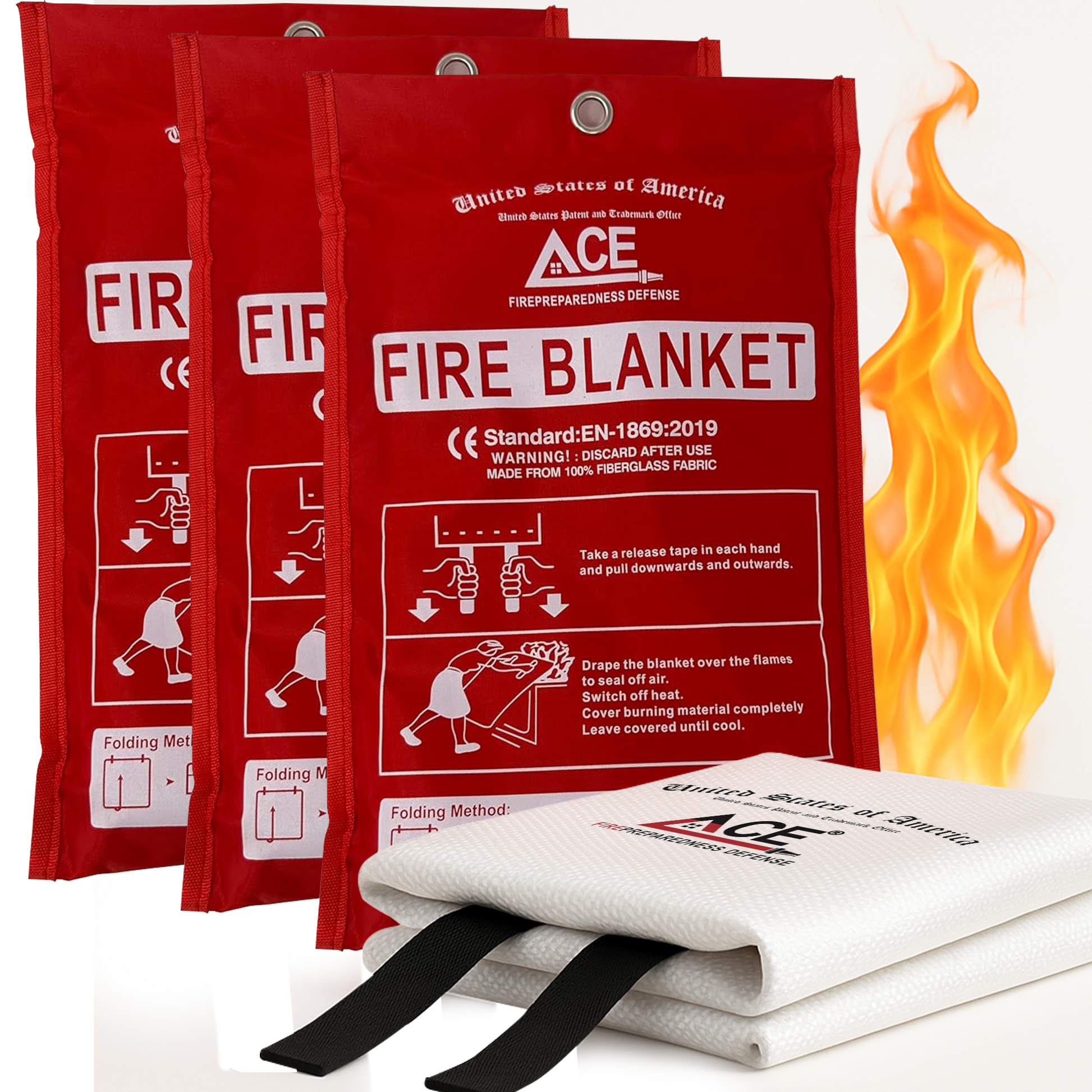Three red ACE fire blanket packages with a white fire blanket in front.
