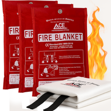 Three red ACE fire blanket packages with a white fire blanket in front.