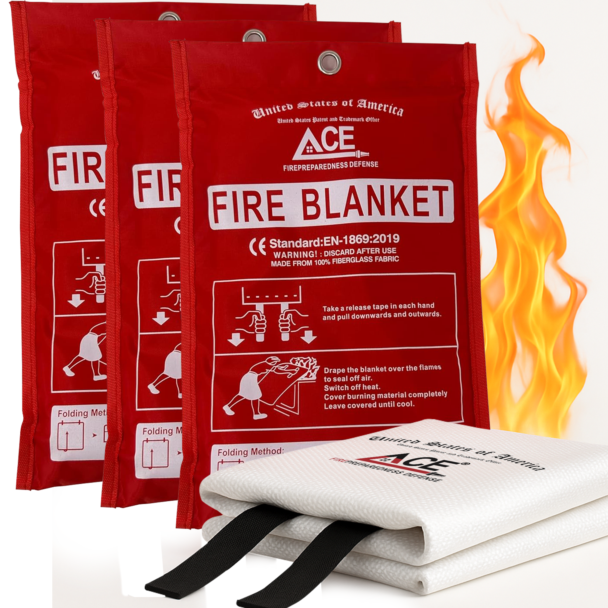 Three red ACE fire blanket packages with a white fire blanket in front.