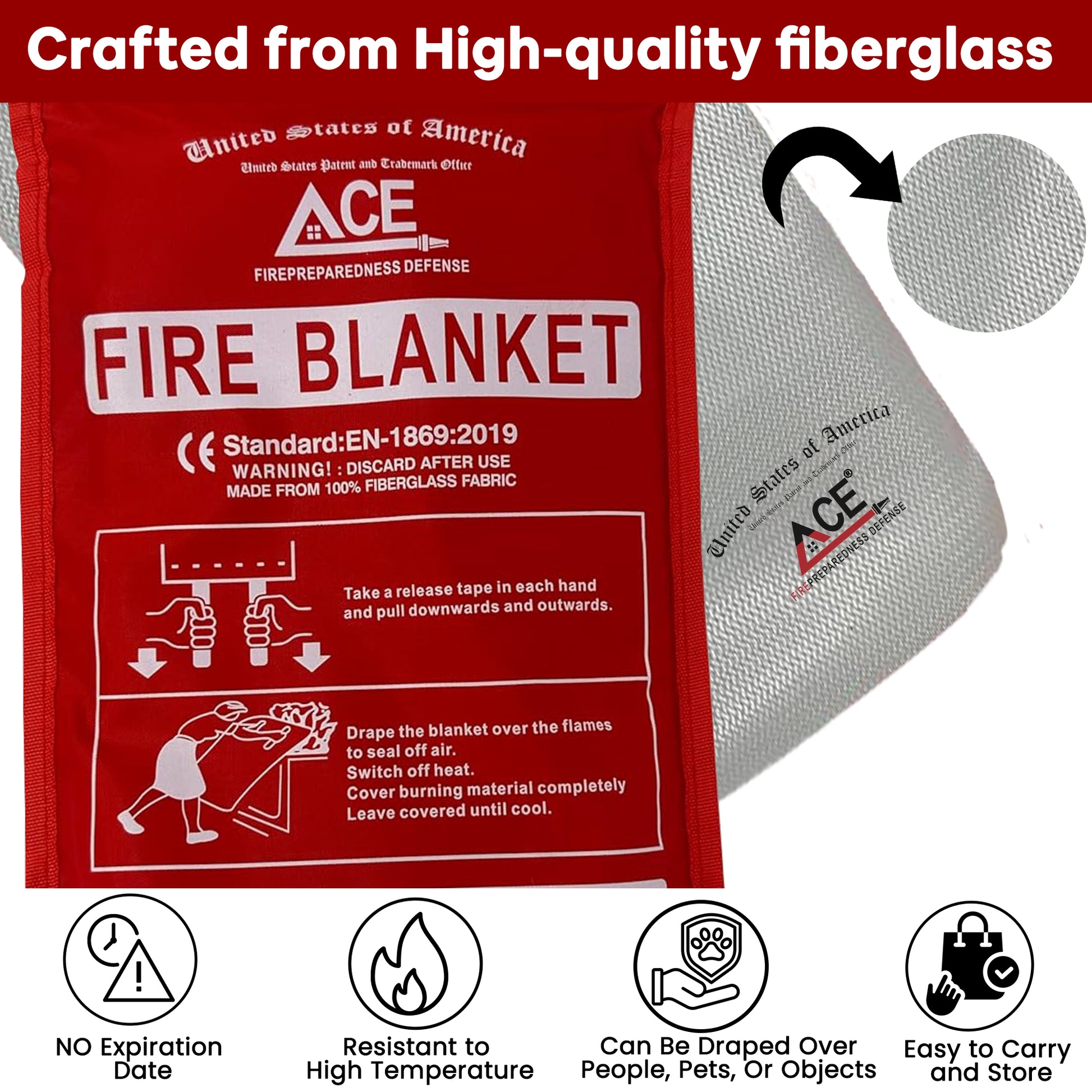 ACE fire blanket packaging with red label and white text, showing the fire blanket and fibers.