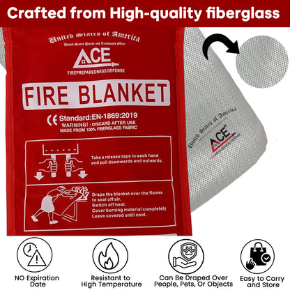 ACE fire blanket packaging with red label and white text, showing the fire blanket and fibers.