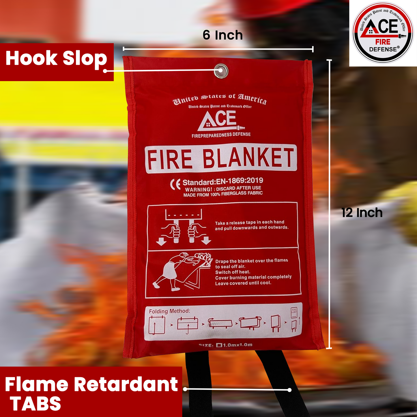 Red fire blanket with measurements and ACE Fire Defense branding on a blurred background.