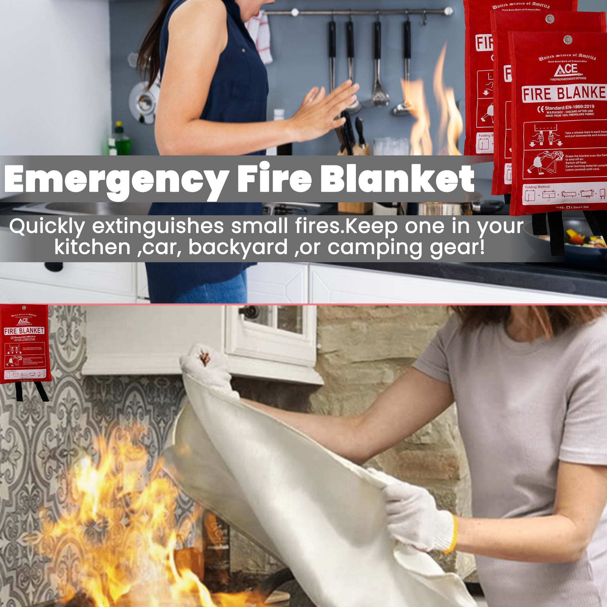 Emergency fire blanket being used to extinguish a fire in a kitchen setting.