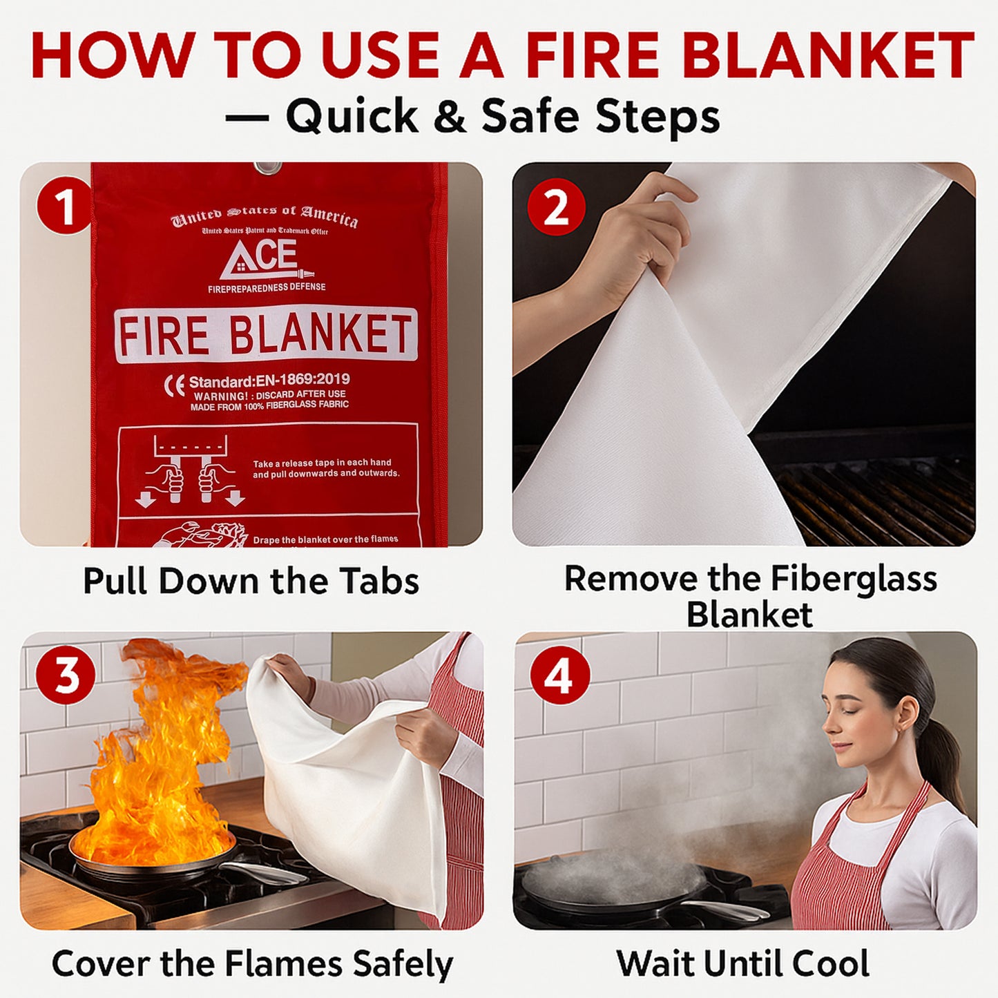 Step-by-step guide on how to use a fire blanket with images and text.