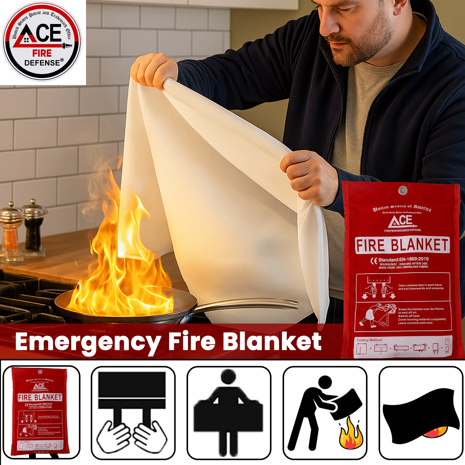 Person using an emergency fire blanket to extinguish flames in a kitchen setting, with ACE Fire Defense branding.