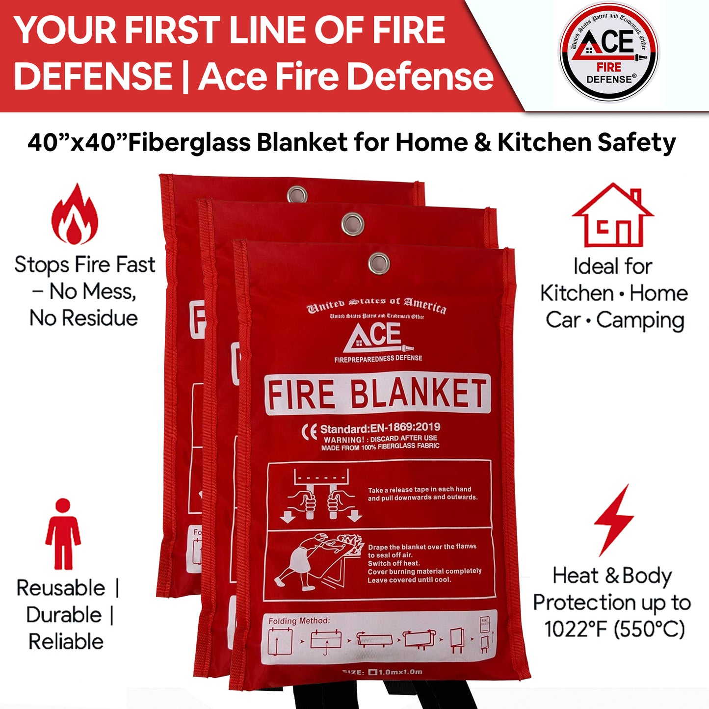 Red fire blanket packaging with Ace Fire Defense branding and product features.