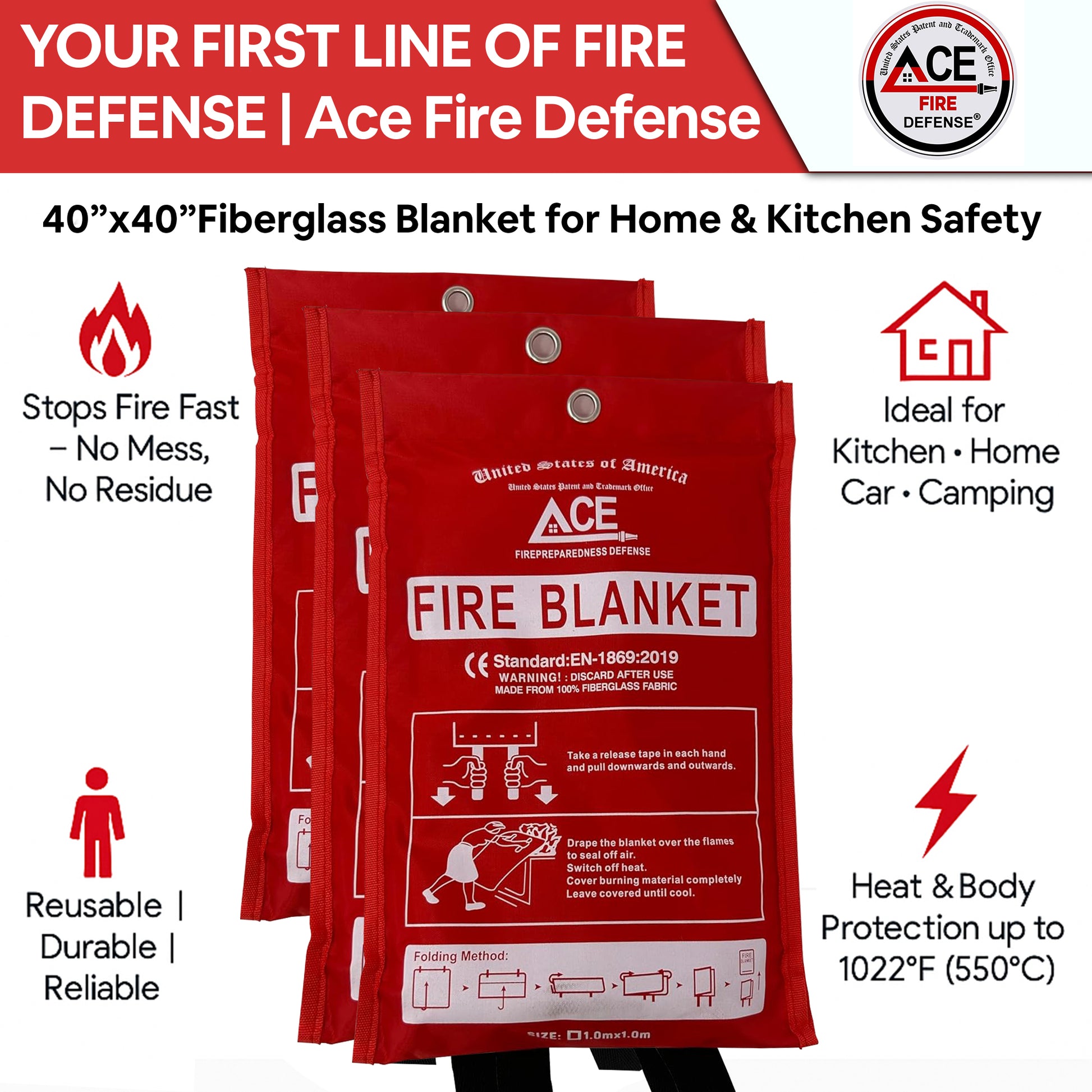 Red fire blanket packaging with Ace Fire Defense branding and product features.