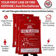 Red fire blanket packaging with Ace Fire Defense branding and product features.