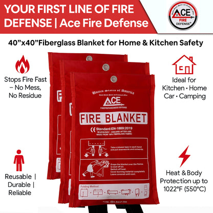 Red fire blanket packaging with Ace Fire Defense branding and product features.
