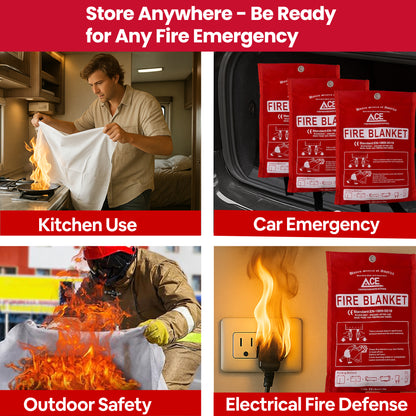 Fire safety products with scenarios for kitchen, car, outdoor, and electrical use.