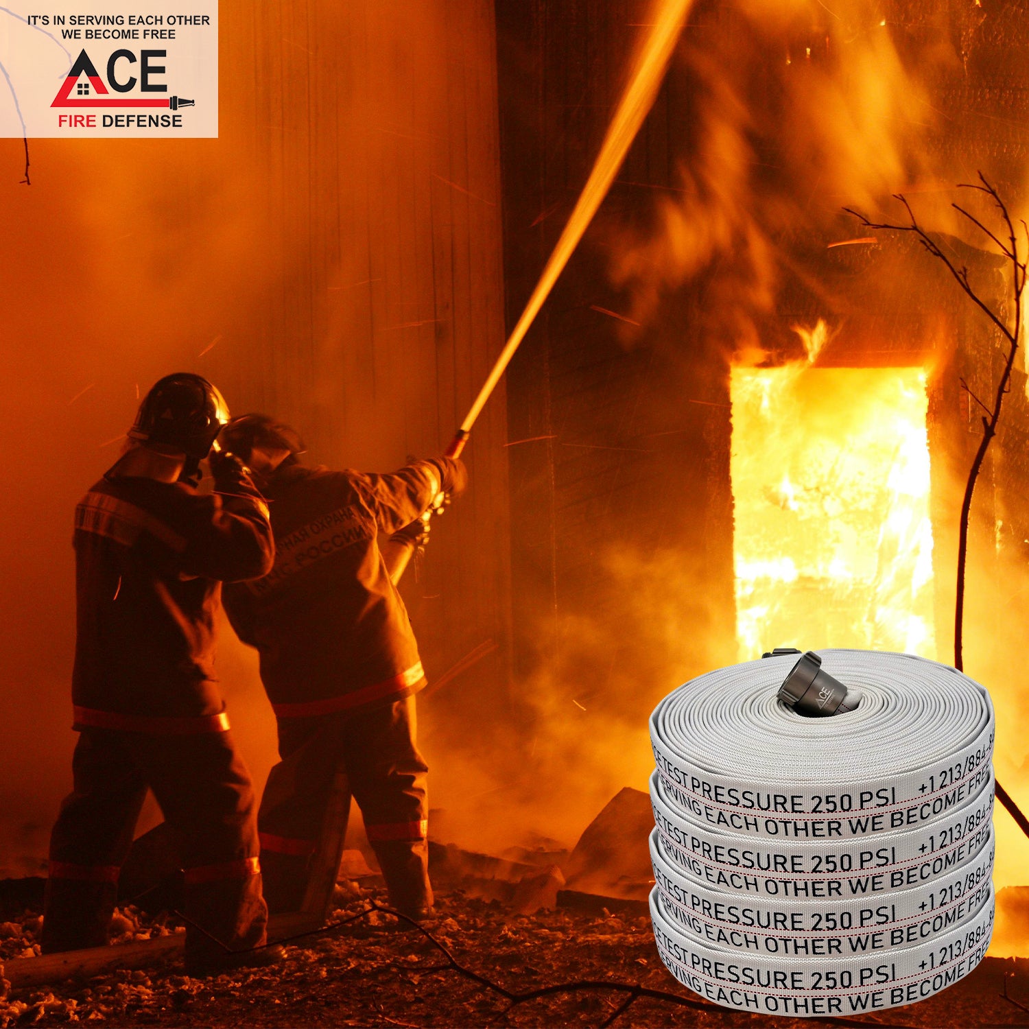 Two people using a hose to extinguish a fire with Ace Fire Defense branding.