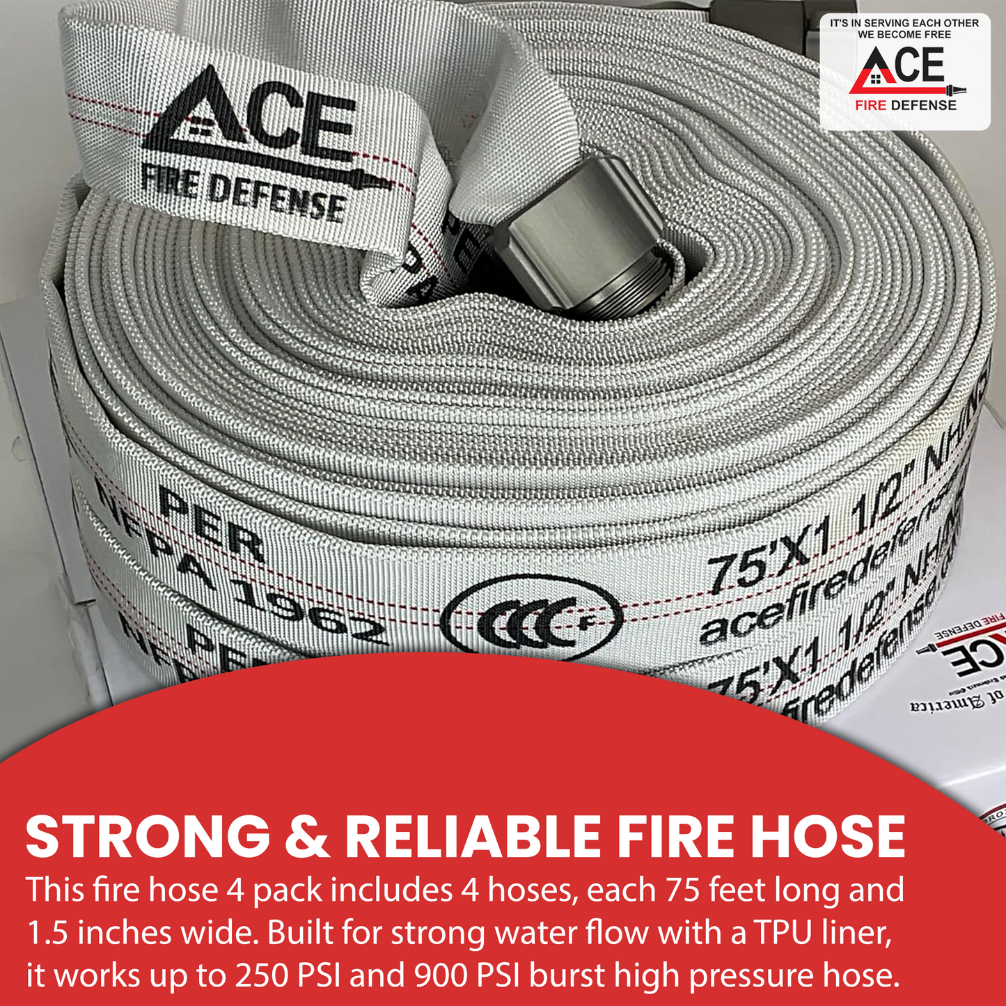 Ace Fire Defense fire hose with branding and specifications on a gray background
