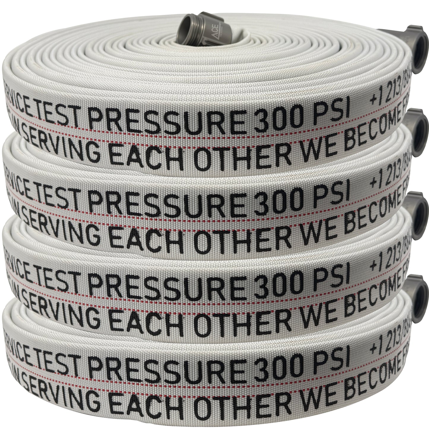 White fire hose with text and pressure rating, coiled up