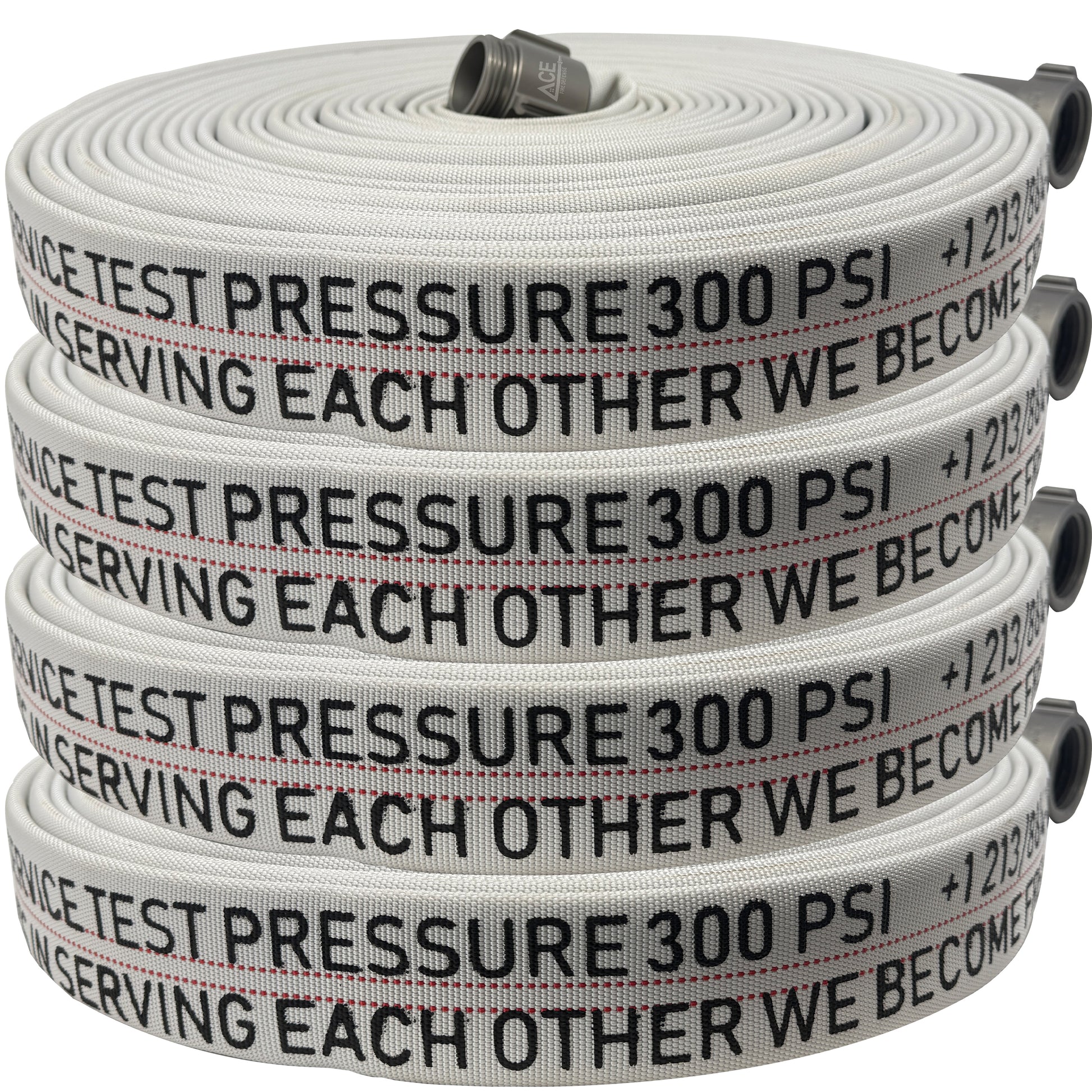 White fire hose with text and pressure rating, coiled up
