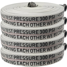 White fire hose with text and pressure rating, coiled up