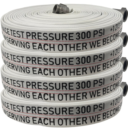White fire hose with text and pressure rating, coiled up