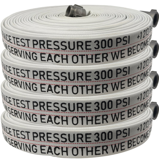 White fire hose with text and pressure rating, coiled up