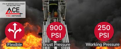 Firefighter on a ladder with pressure indicators and ACE Fire Defense branding.