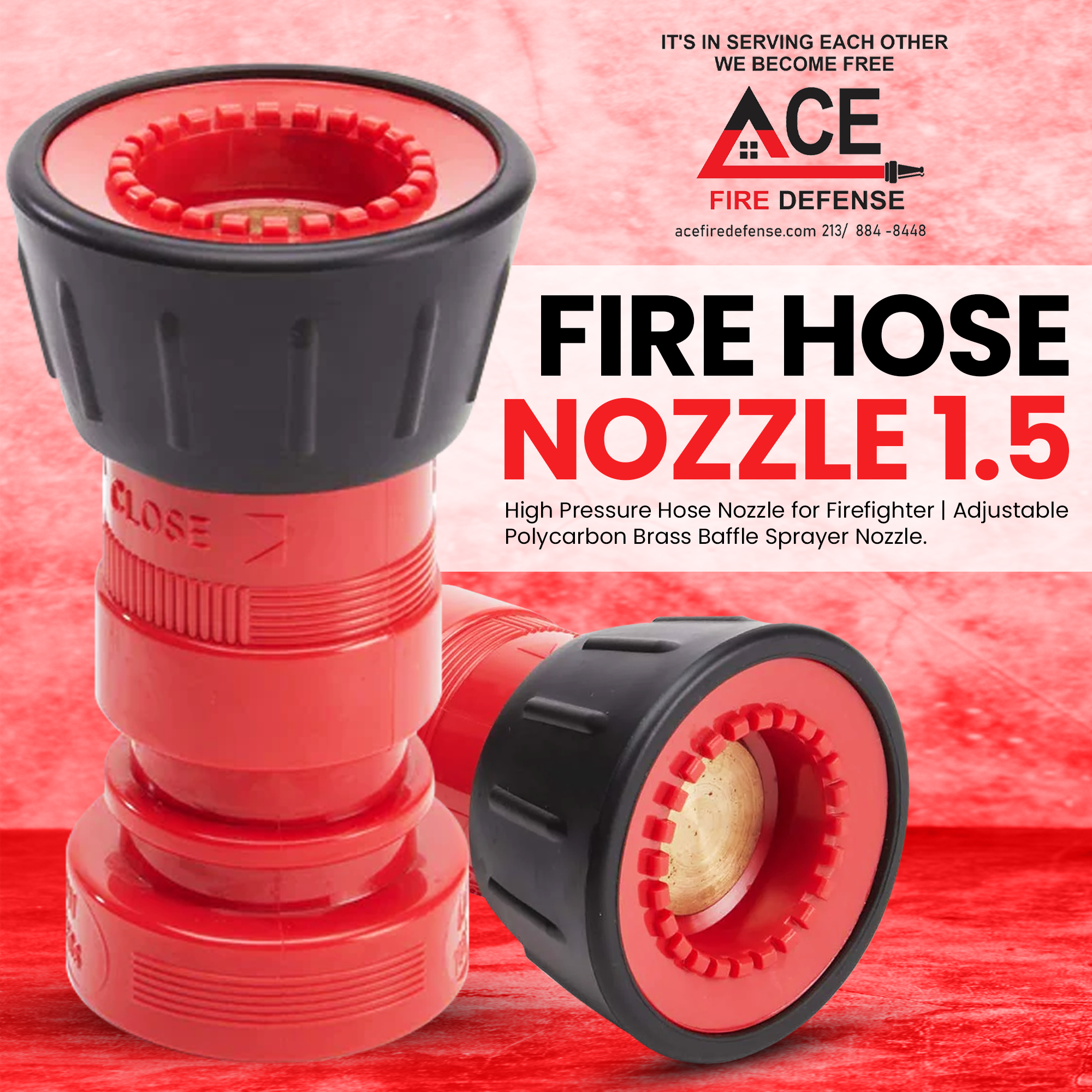 Red fire hose nozzle with black accents on a red background, featuring ACE Fire Defense branding.