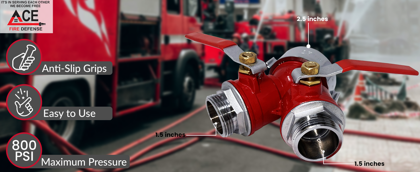 Red fire hose nozzle with specifications and features displayed on a blurred background