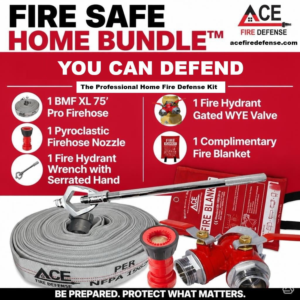 Ace Fire Defense Starter Bundle®, 75' Premium Fire Hose, 1 valve, wrench, 1 nozzle.