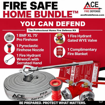 Ace Fire Defense Starter Bundle®, 75' Premium Fire Hose, 1 valve, wrench, 1 nozzle.