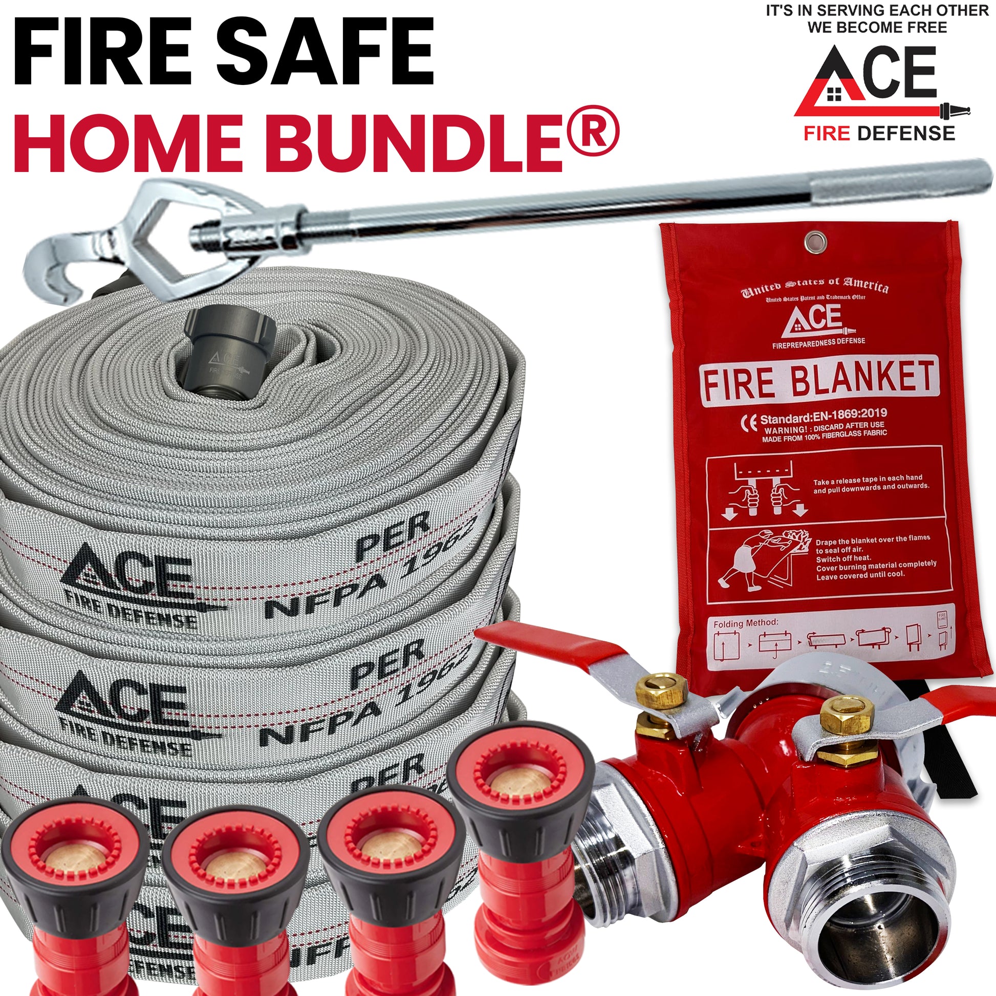 Fire safety home bundle with ACE Fire Defense products including hose, nozzles, and fire blanket.
